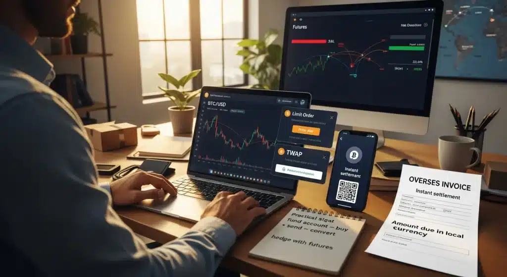 Avoid Bitcoin Volatility in International Transfers 1 u-s-office-worker-using-limit-orders-and-lightning-to-reduce-bitcoin-volatility